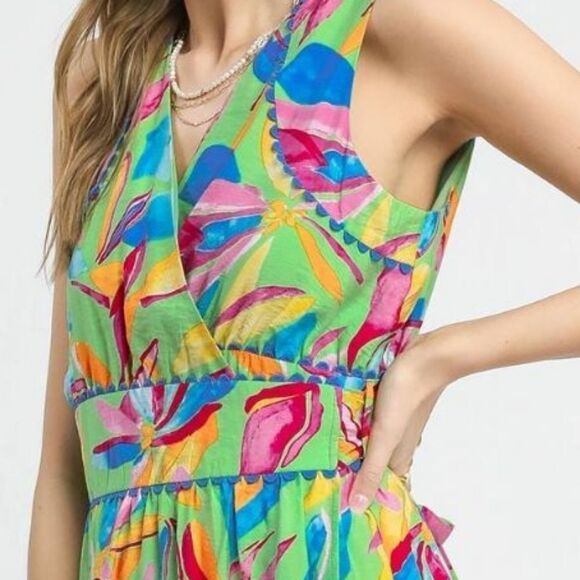 Umgee Ruffled Hem Printed Sleeveless Midi Dress Colorful Funz Small - Picture 4 of 6